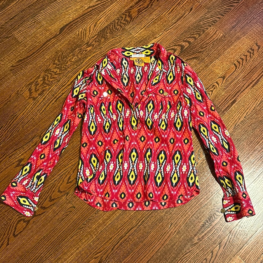 Tory Burch Red Contemporary Geometric Cotton Blouse